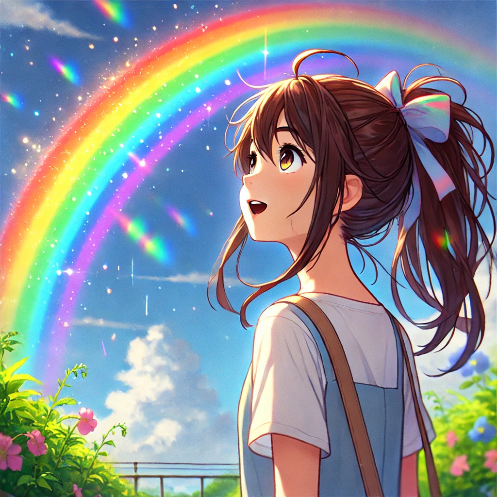 A Girl's Magical Encounter with a Rainbow After the Rain