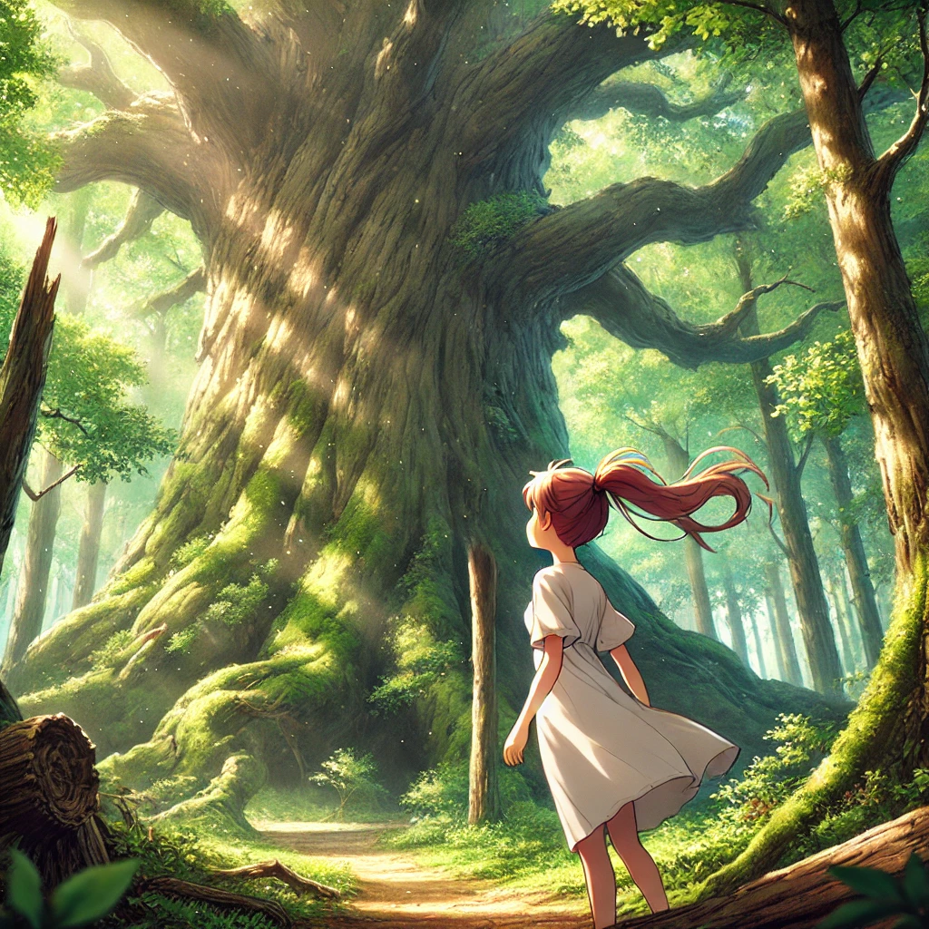 A Girl's Awe in a Mystical Forest