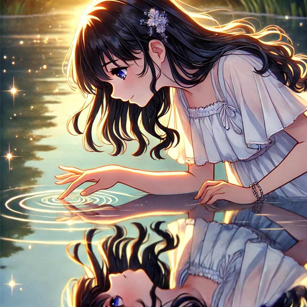 The Magical Reflection: A Girl’s Enchanting Encounter at a Summer Lake